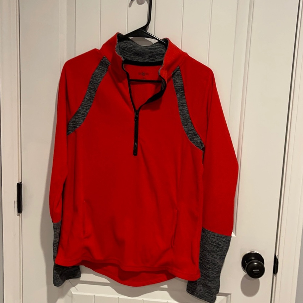 SO long sleeve fleece. Red & Gray zipper pullover.